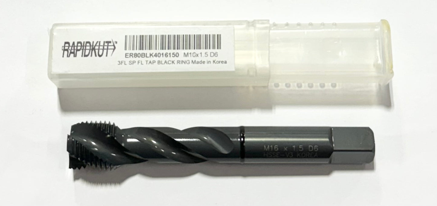 RapidKut High Performance M16 x 1.5mm Spiral Flute Tap Black Ring 3FL Steam Oxide