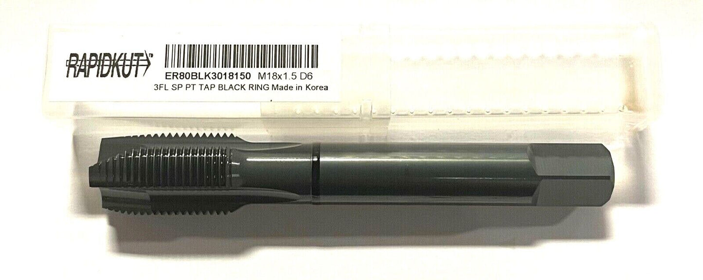 RapidKut M18 x 1.5mm HSSE-V3 Spiral Point Tap D6 High Performance Black Ring 3FL