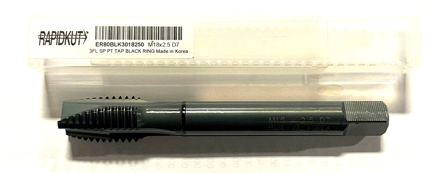 RapidKut M18 x 2.5 HSSE Spiral Point Plug Tap High Performance Black Ring D7 3FL