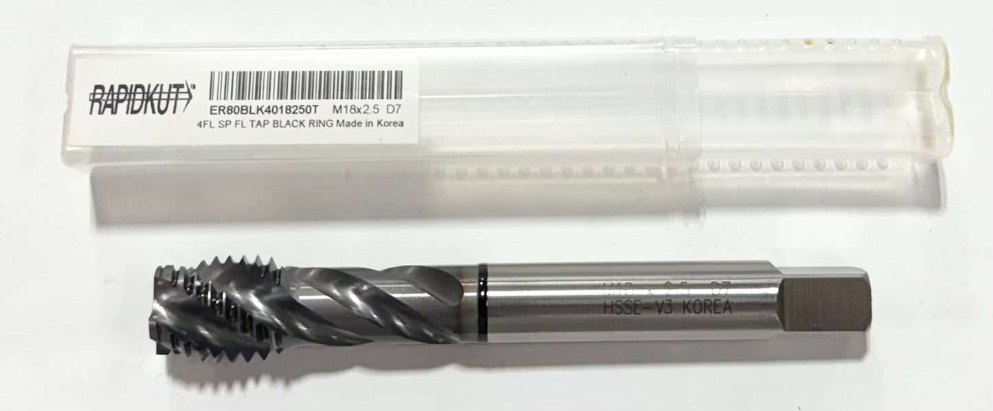 RapidKut M18 x 2.5mm HSSE-V3 Spiral Flue Semi-Bottoming Tap Black Ring TiCN 4FL D7