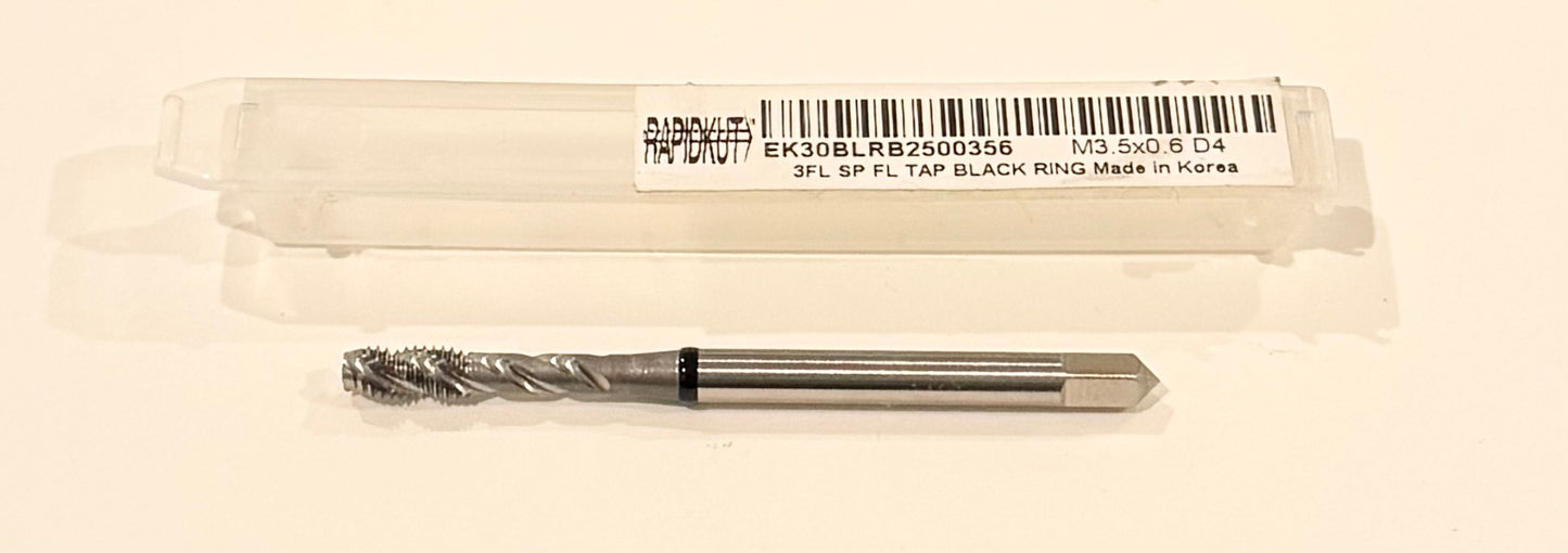 RapidKut M3 x 0.6mm HSS Spiral Flute Tap 3FL HSS-EX Semi-Bottoming Black Ring