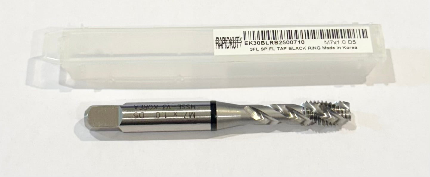 RapidKut M7 x 1mm HSS Spiral Flute Tap 3FL Black Ring Semi-Bottoming HSS-EX Coated