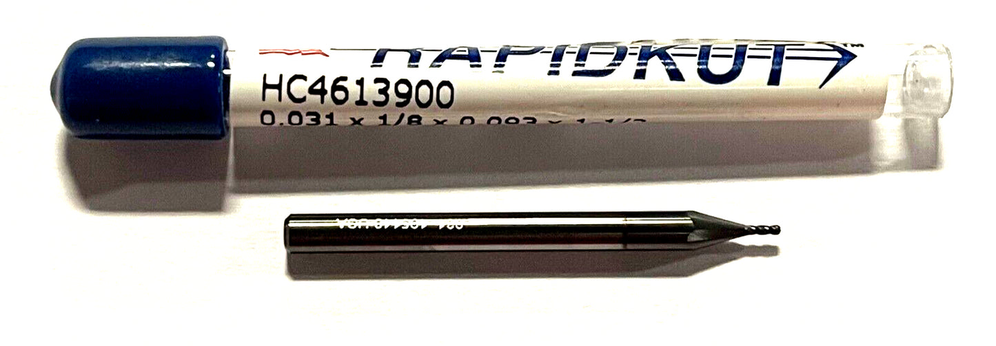 RapidKut .031" Miniature Carbide Ball End Mill Diamond Coated 4 Flute 30° Helix