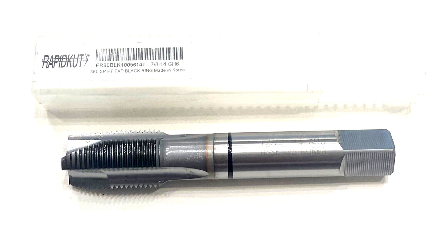 Rapidkut 7/8"-14 HSSE-V3 Spiral Point Plug Tap TiCN Coated Black Ring 3FL GH6