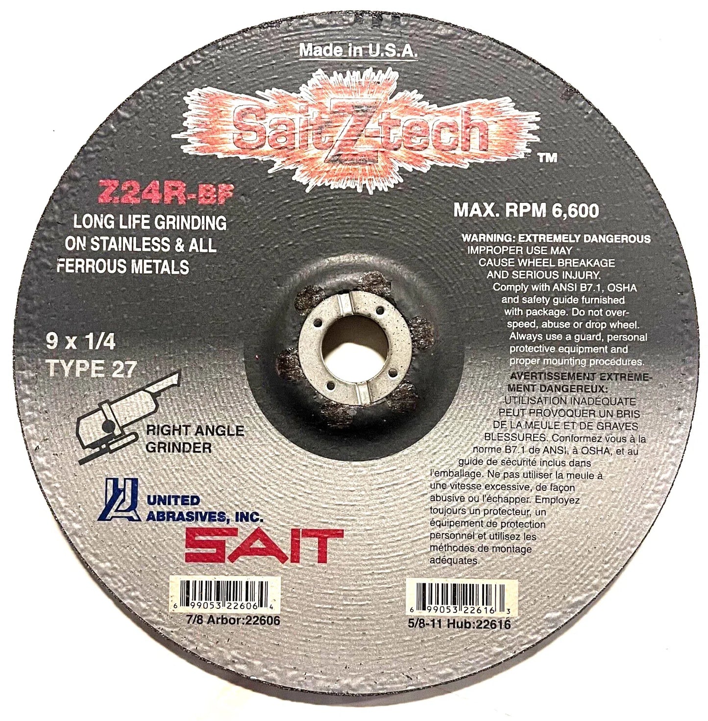 SAIT Z-Tech 9" x 1/4" x 7/8" Grinding Wheel Type 27 Zirconia Alumina 24 Grit