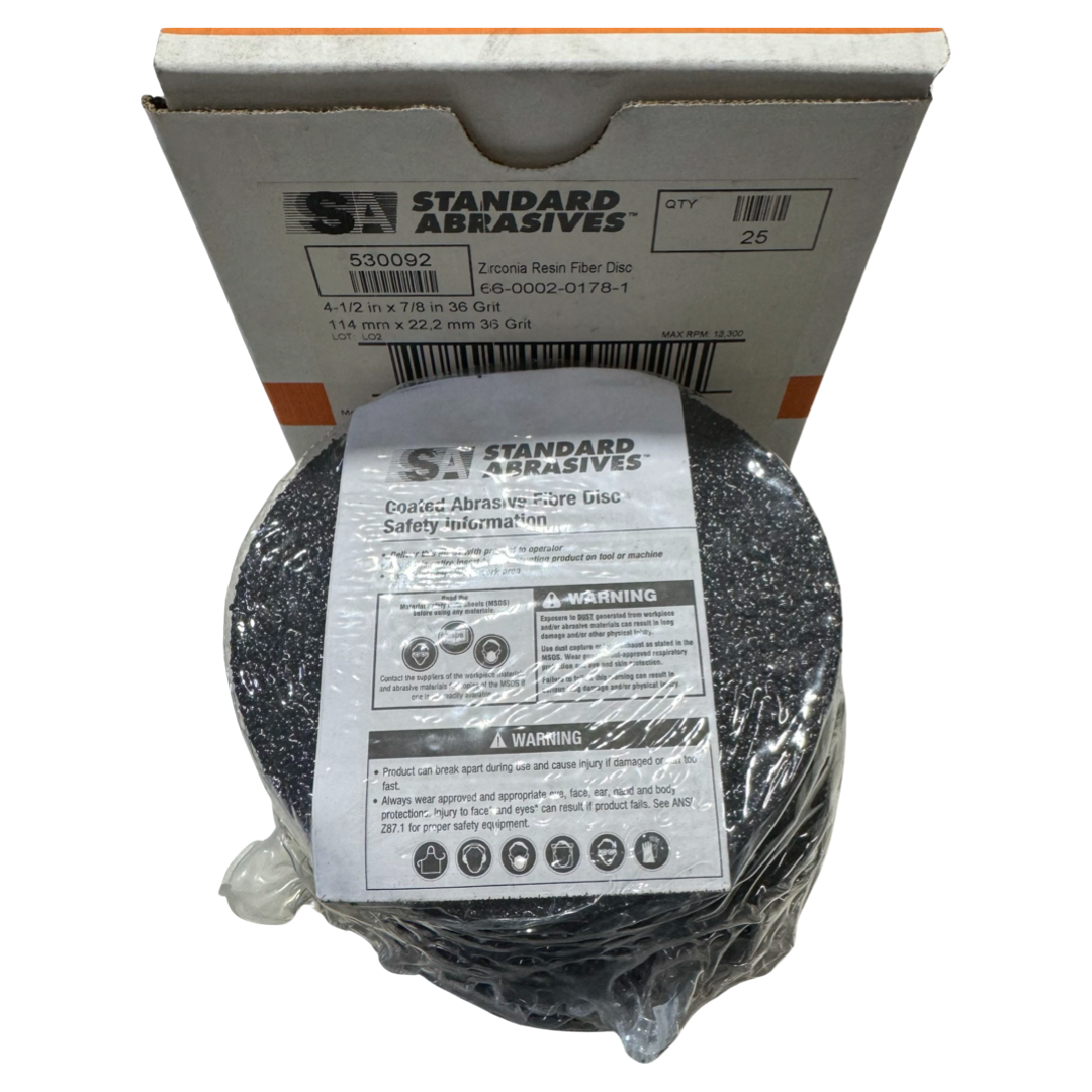 Standard Abrasives 4-1/2" x 7/8" Resin Fiber Disc 36 Grit Zirconia 25 Pack