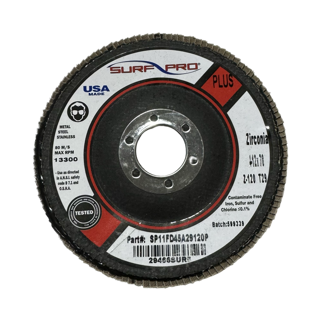 Surf-Pro 4-1/2" x 7/8" Flap Disc 120 Grit T29 Zirconia 10 Pack USA