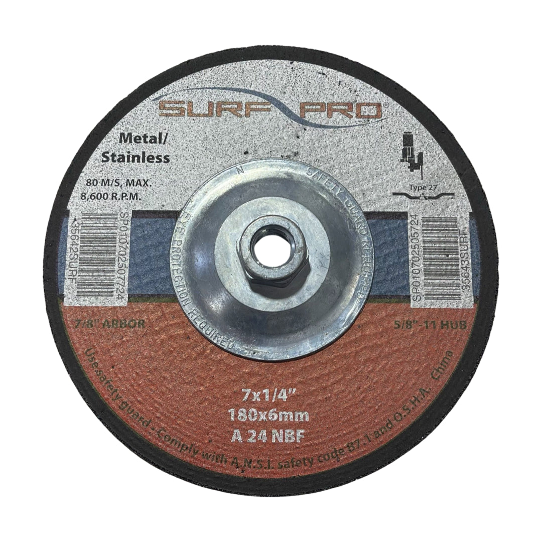 Surf-Pro 7" x 1/4" x 5/8-11 Reinforced Cut Off Wheel Aluminum Oxide 24 Grit T27
