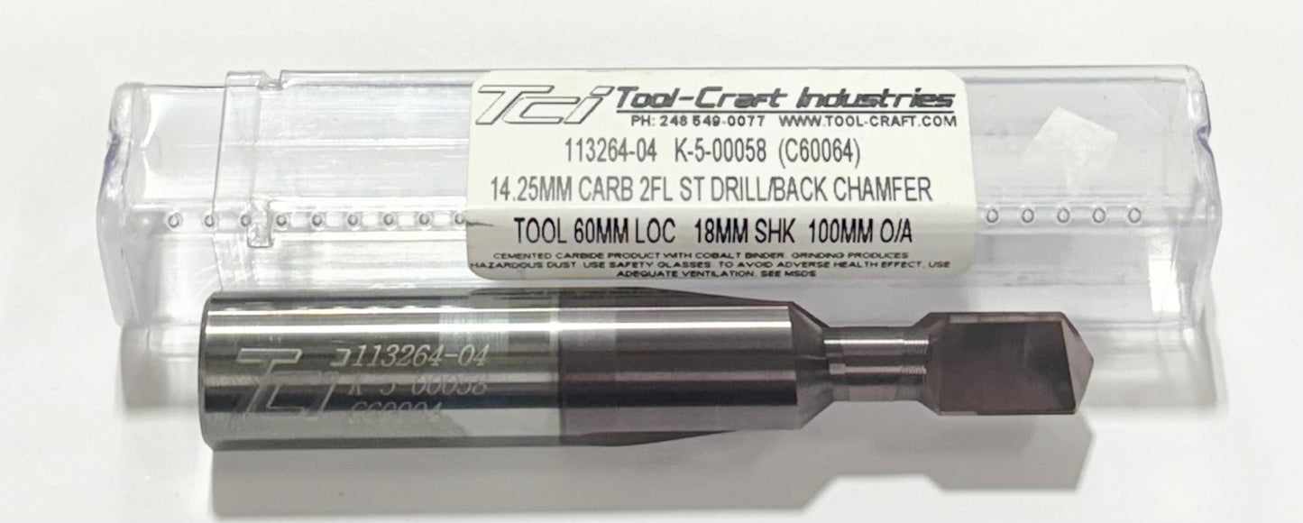 TCI 14.25mm Solid Carbide Drill Back Chamfer 2 Flute TiCN Coated 18mm Shank