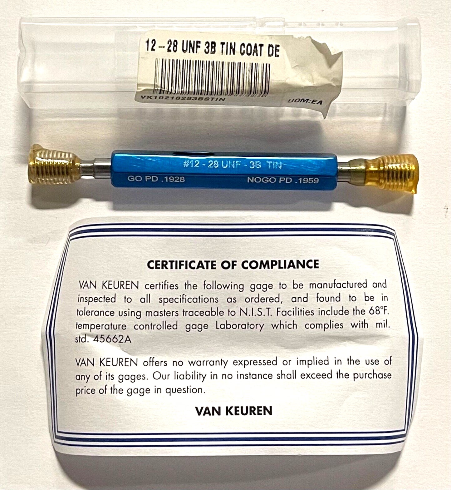 Van Keuren 12-28UNF 3B Double End Tin Coated Thread Plug Gage With Handle