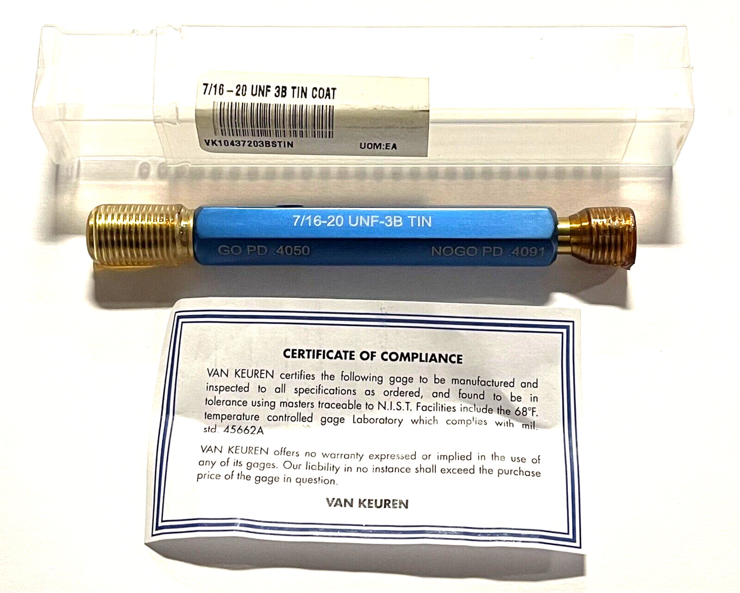 Van Keuren 7/16-20UNF 3B Double End Tin Coated Thread Plug Gage With Handle