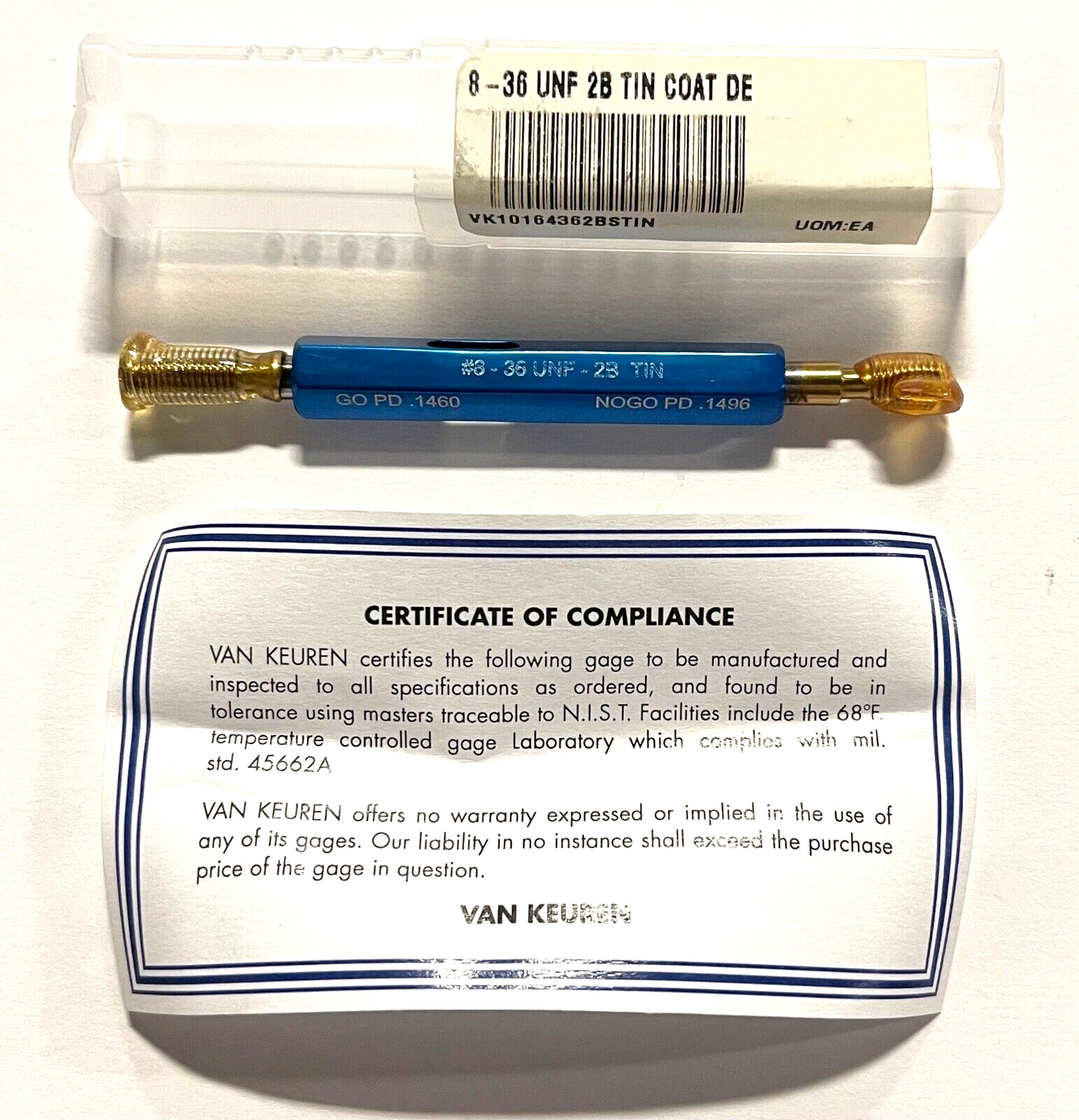 Van Keuren 8-36UNF 2B Double End Tin Coated Thread Plug Gage With Handle