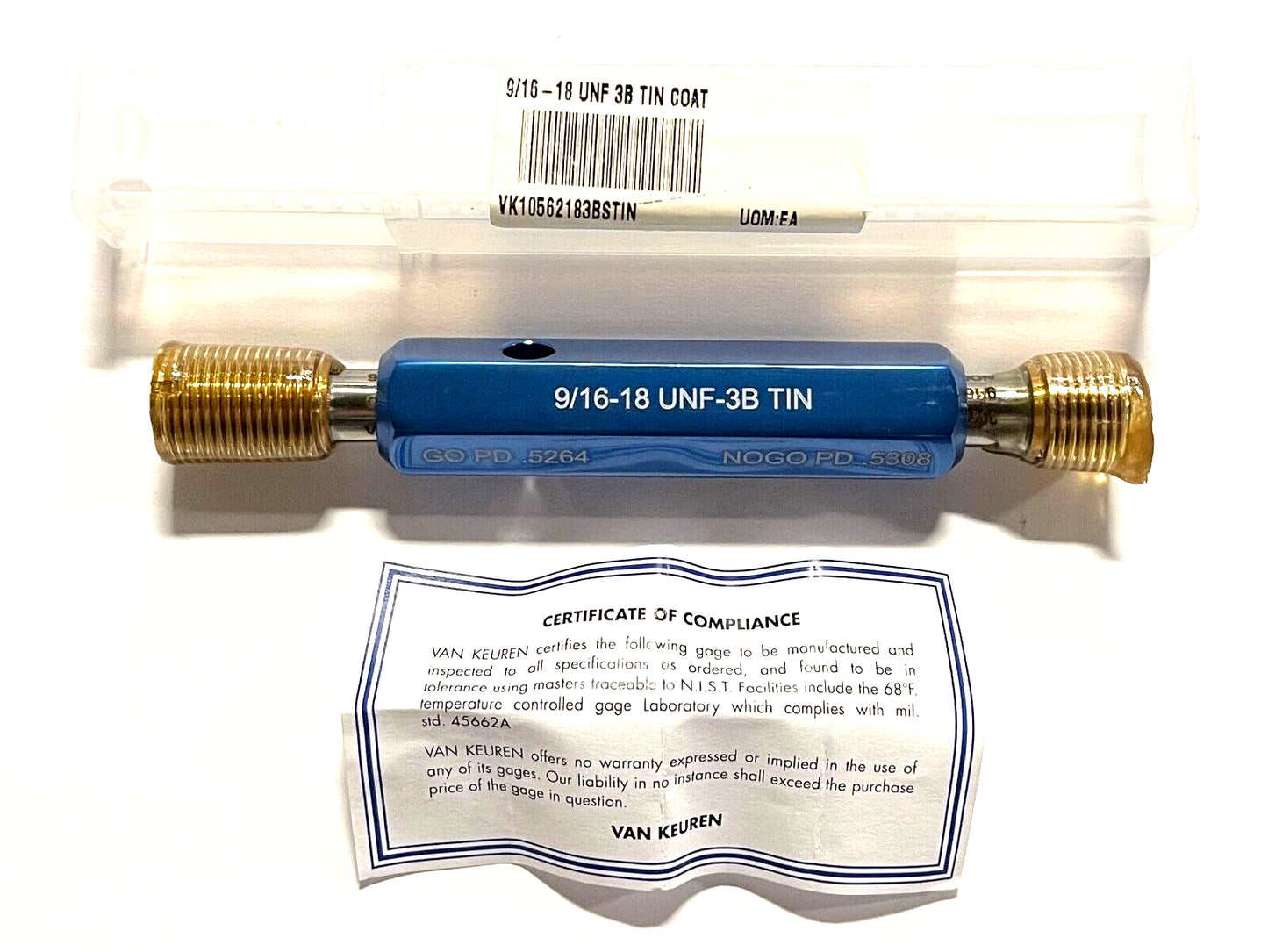 Van Keuren 9/16-18UNF 3B Double End Tin Coated Thread Plug Gage With Handle