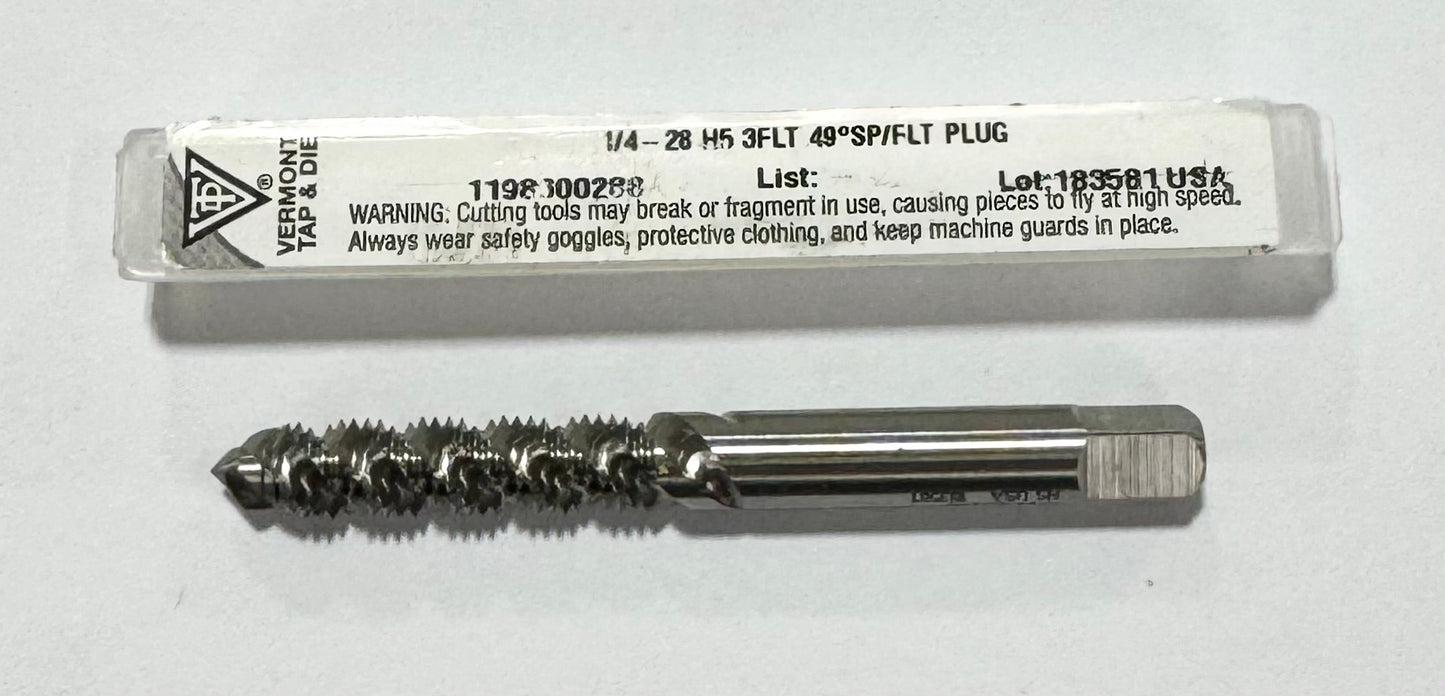 Vermont 1/4"-28 HSS Spiral Flute Plug Tap H5 3 Flute 49° Helix USA Made
