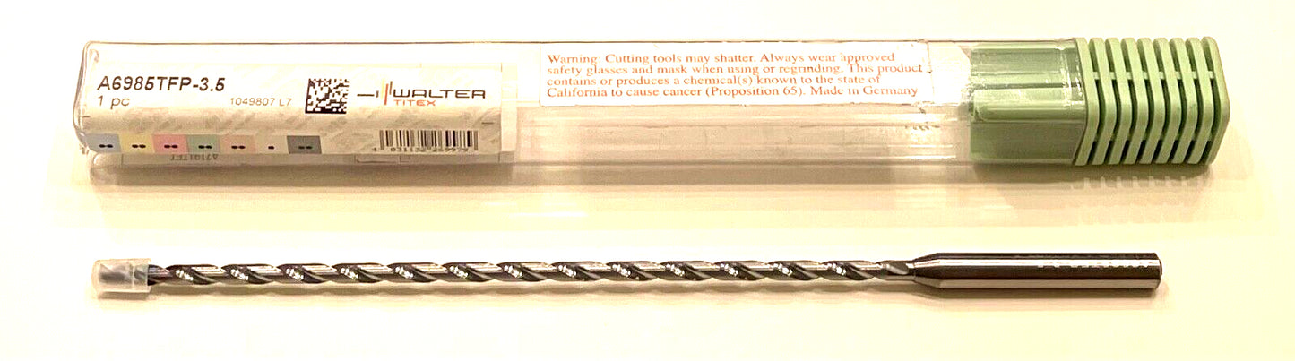 Walter Titex 3.5mm Solid Carbide Drill 20xD TiAlN Tip Coolant Thru 2 Flute