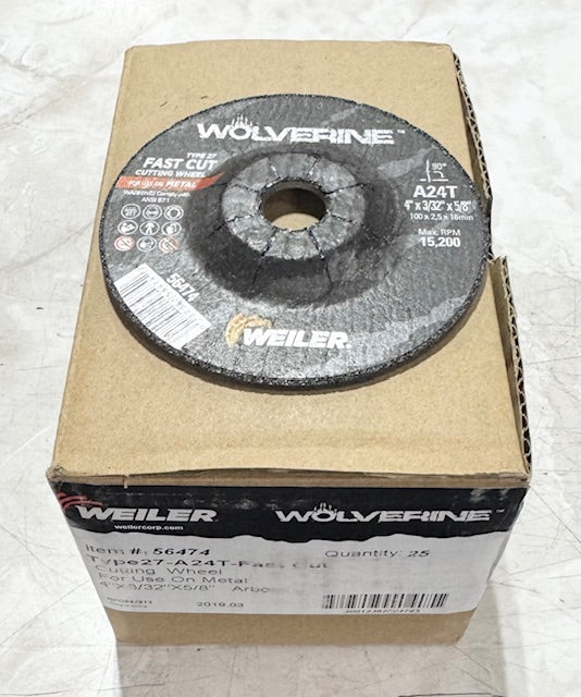 Weiler 4" x 3/32" x 5/8" Cut-Off Wheel T27 A24T Metal Cutting 25 Pack