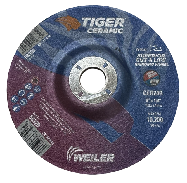 Weiler 6" x 1/4" x 7/8" Tiger Ceramic Grinding Wheel T27 10 Pack