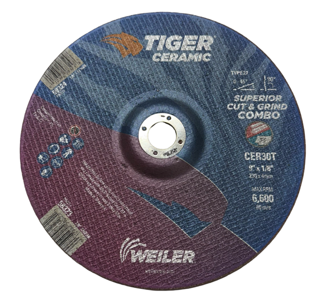 Weiler 9" x 1/8" x 7/8" TIGER CERAMIC T27 Cut & Grind Combo Wheel