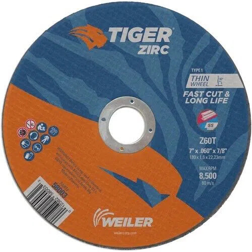 Weiler TIGER 7" Cut-Off Wheels 7/8" Arbor .060" Thickness 60 Grit Zirconia 5pk