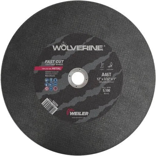 Weiler Wolverine 12" X 3/32" X 1" Metal Cut Off Wheel Fast Cut Type 1 A46T