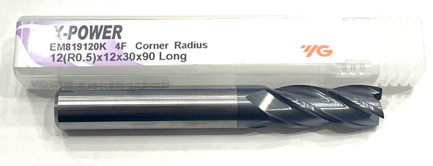 YG 12mm Carbide End Mill 4FL Long Length X-POWER 0.5mm Radius AlTiN Coating