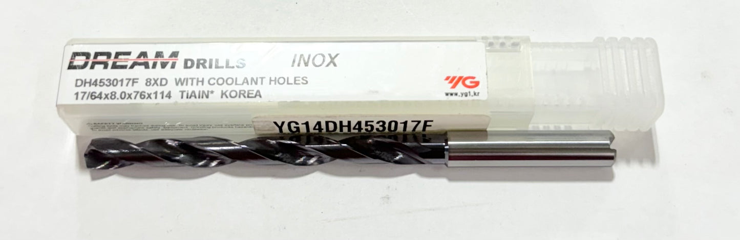 YG 17/64" Solid Carbide Drill 8xD Coolant Thru TiAlN Coated 140° 2 Flute