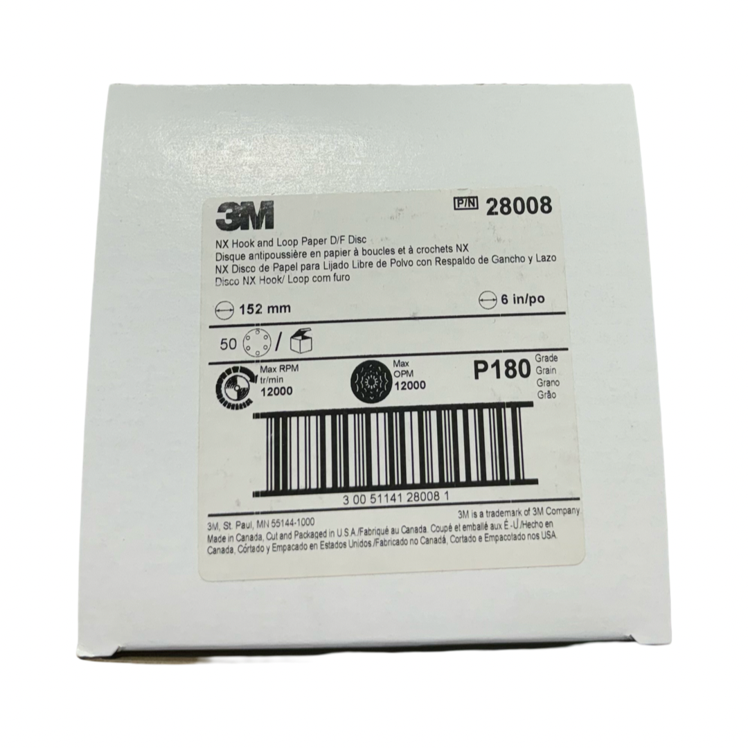 3M 6" NX Hook & loop Paper D/F Sanding Disc 6 Hole P180 Aluminum Oxide 50pk