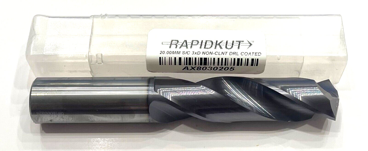 RapidKut 20mm Solid Carbide Drill 3xD TiAlN Coating 2 Flute