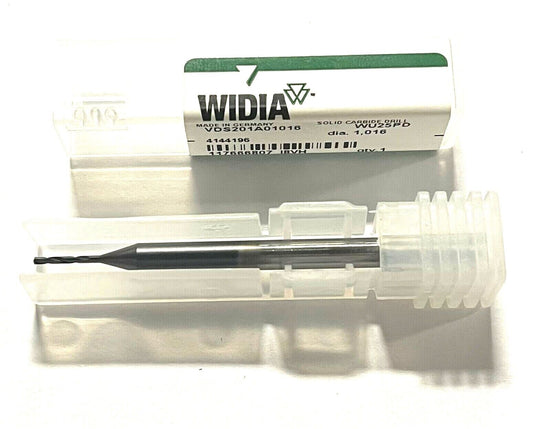 WIDIA 1.02mm Solid Carbide Drill 5xD TiAlN Coating 140° Point 18.8° Helix