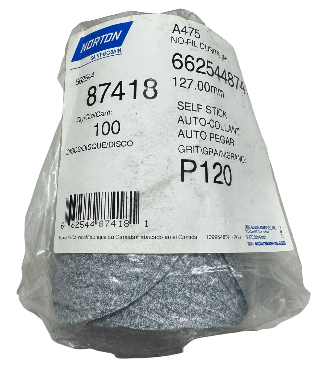 Norton 5" Durite No-Fil Paper PSA Disc Roll P120 Grit Silicon Carbide 100pk