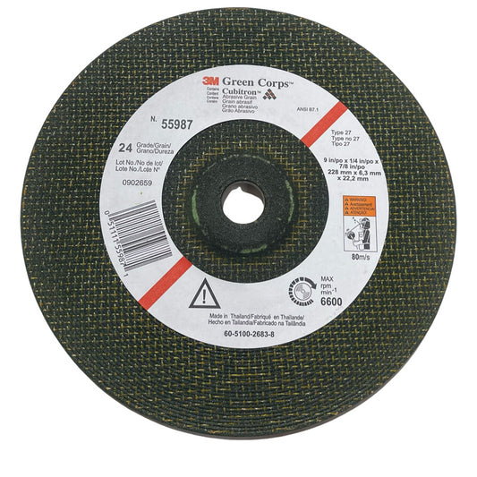 3M Green Corps 9" x 1/4" x 7/8" Depressed Center Grinding Wheel 24 Grit Type 27