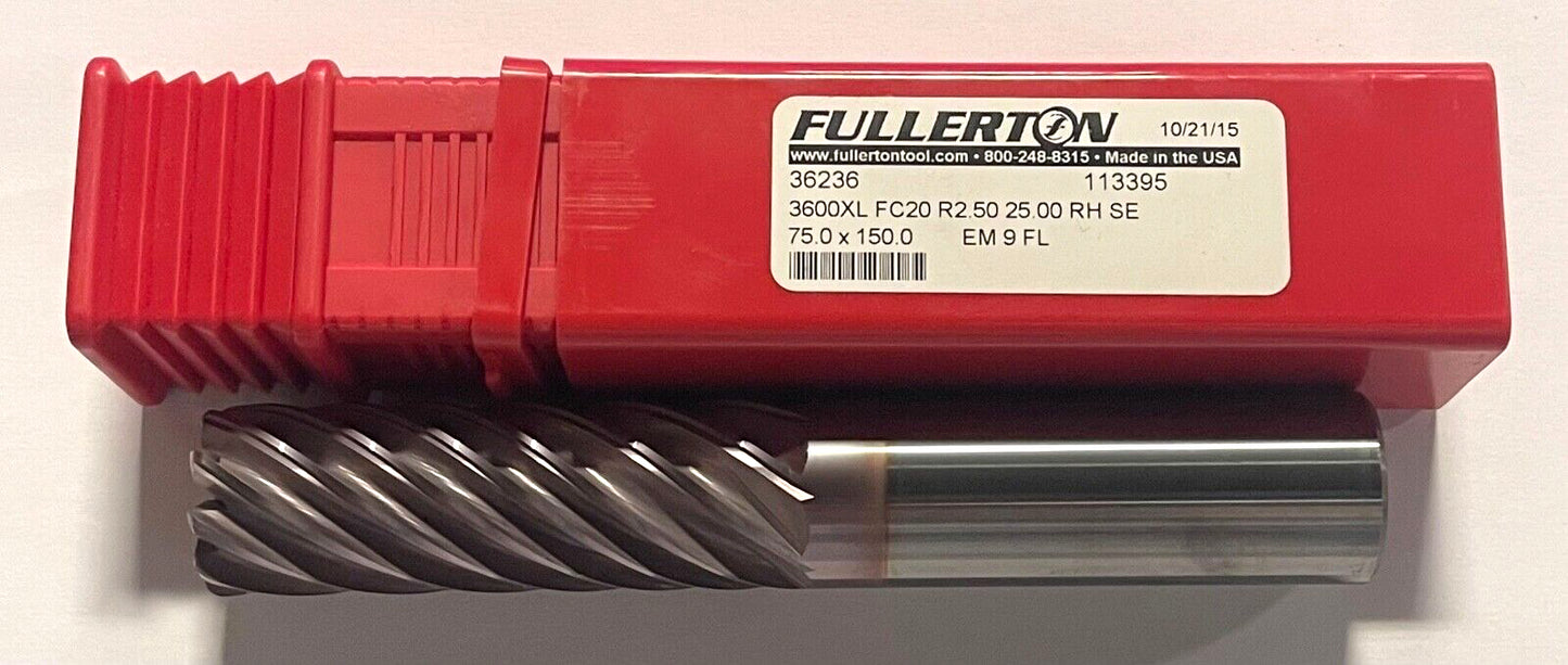 Fullerton 25mm Carbide End Mill Extra Long 9 Flute FC20 Coating 2.50mm Radius