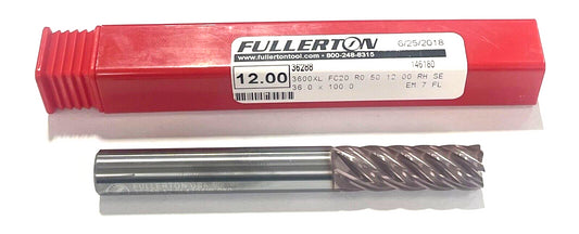 Fullerton 12mm Carbide End Mill XL 7FL FC20 Coating Variable Helix .50" Radius