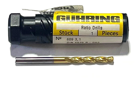 GUHRING 3.1mm Solid Carbide Drill 5xD High Performance Tin Coating 150° Drill