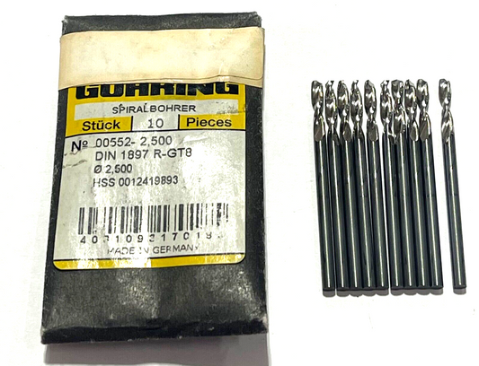 GUHRING 2.5mm Drill Bit HSS Screw Machine Length Parabolic Flute 130° 10 Pack