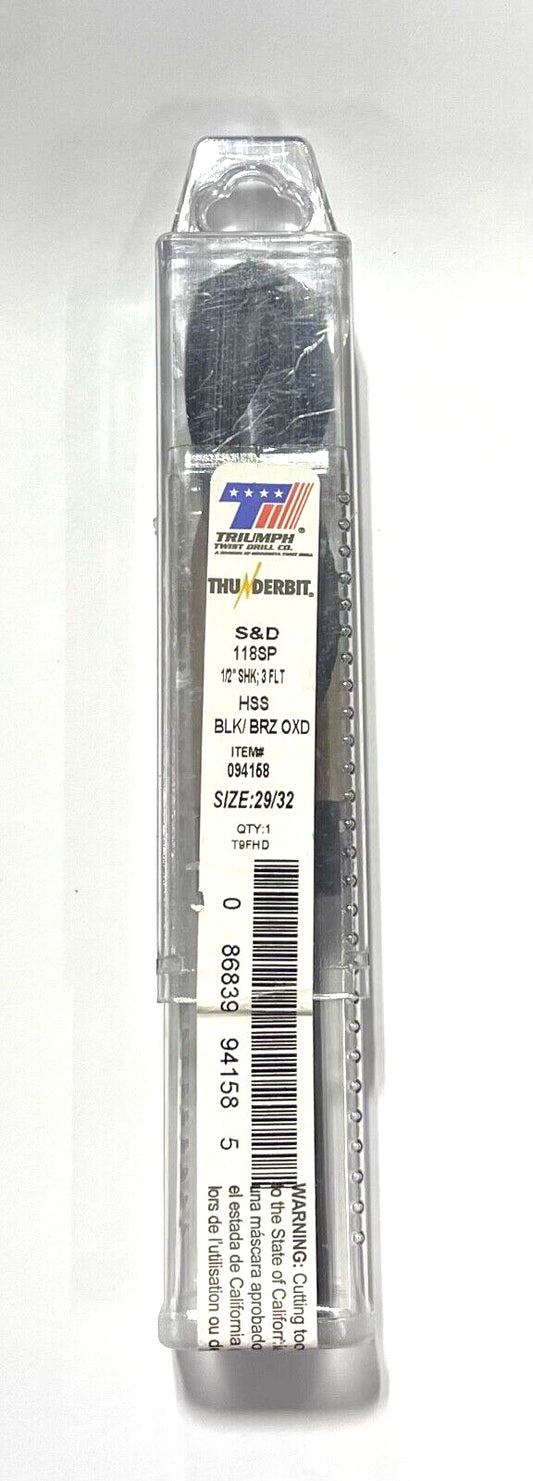 Triumph 29/32" Silver & Deming Drill Black Bronze Oxide 3 Flute 1/2" Shank USA