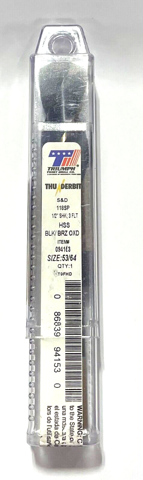 Triumph 53/64" Silver & Deming Drill Black Bronze Oxide 3 Flute 1/2" Shank USA