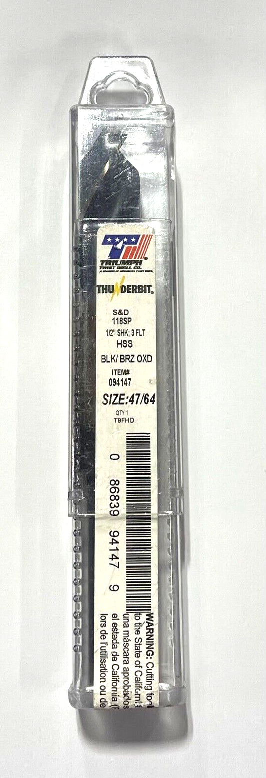 Triumph 47/64" Silver & Deming Drill Black Bronze Oxide 3 Flute 1/2" Shank USA