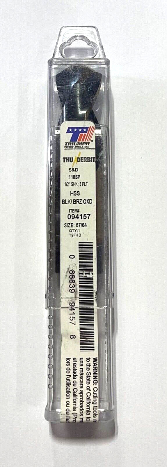Triumph 57/64" Silver & Deming Drill Black Bronze Oxide 3 Flute 1/2" Shank USA