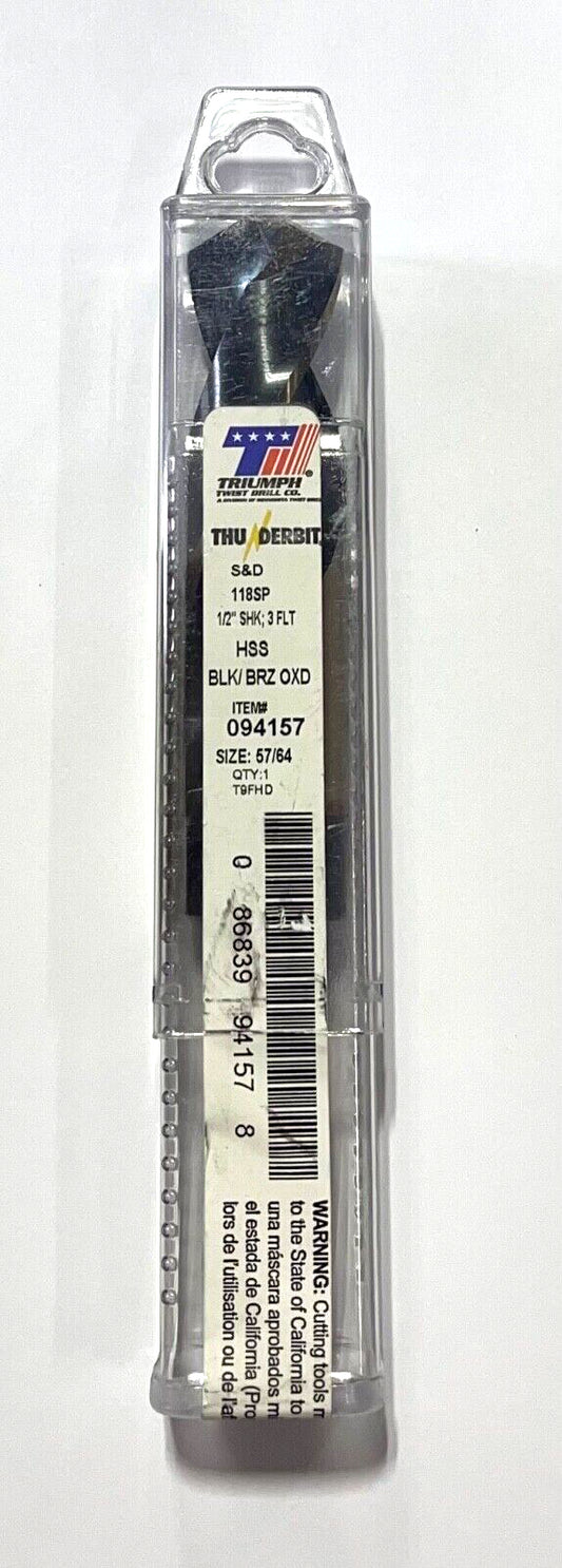 Triumph 57/64" Silver & Deming Drill Black Bronze Oxide 3 Flute 1/2" Shank USA