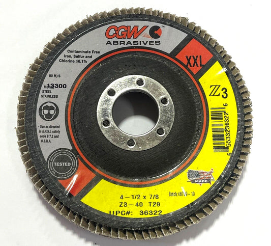 CGW 4-1/2" x 7/8" Flap Disc Zirconia 40 Grit T29 10 Pack USA Made 36322