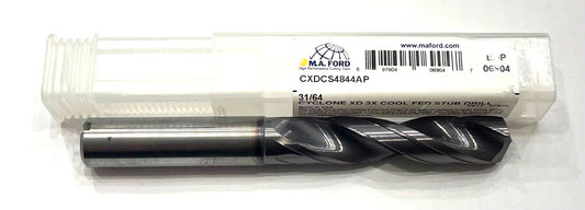 M.A. Ford 31/64" Solid Carbide Drill 3xD Altima Plus Coating 2 Flute USA 06904