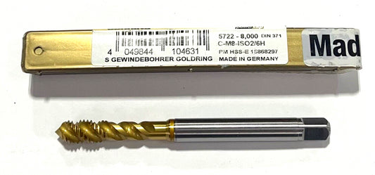 Guhring M8 x 1.25mm Tap HSS-E-PM Spiral Flute Semi-Bottoming Gold Ring D5 3FL