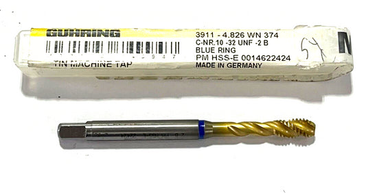 GUHRING 10-32 UNF HSS-E Spiral Flute Tap Tin Coating Blue Ring 3 Flute