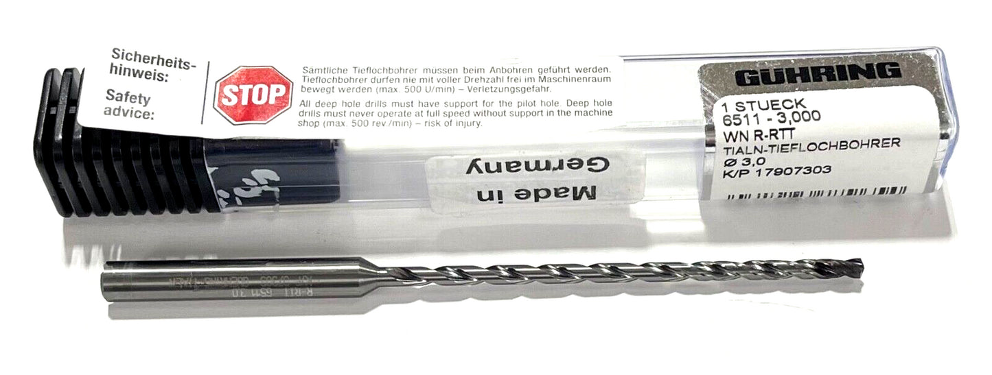Guhring 3mm Solid Carbide Drill 20xD Coolant Thru TiAlN Tipped 135°