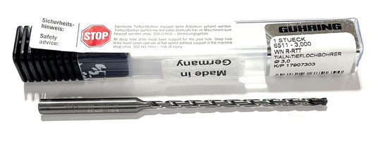 Guhring 3mm Solid Carbide Drill 20xD Coolant Thru TiAlN Tipped 135°
