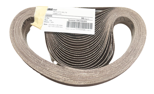 3M 1/2" x 24" Sanding Belts 384F Cloth Fabri-Lok 120+ A/O 50 Pack