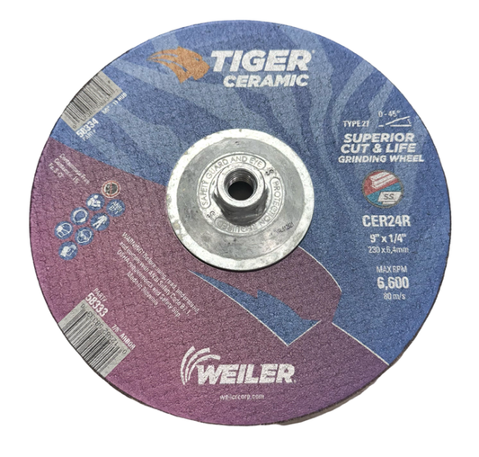 Weiler 9" x 1/4" x 5/8-11 Grinding Wheel TIGER Ceramic Type 27