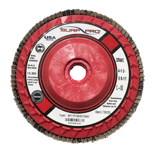 Surf-Pro 4-1/2" x 5/8-11 Flap Disc 80 Grit Ceramic USA Made 10 Pack