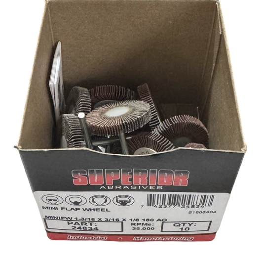Superior Abrasives 1-3/16" x 3/16" x 1/8" Mini Flap Wheels 180 Grit Aluminum Oxide 10pk